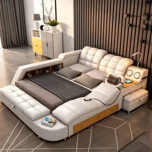 Multi-Functional Massage Leather Platform Bed with Built-in Bluetooth Speaker, Storage Drawers & Side Book Shelf, Curved Tufted White Leather King Size Bed Frame with USB Charging Ports for Warm Modern Master Bedroom