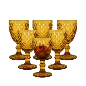 8oz Wine Glasses Set of 6,Vintage Red Wine Goblets Glassware Sets, Crystal Colored Drinking Glasses, Diamond Pattern Stemmed Goblet Set for Wedding Party Restaurant, Dishwasher Safe Drinkware Beverage Romantic Peace
