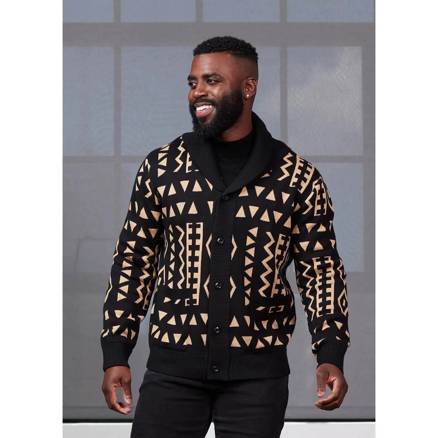 Aren African Print Button-Up Cardigan Sweater (Tan Black Tribal)