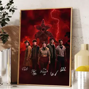 Vintage Stranger 5 Hawkins 1987 Poster Signature, Demogorgon Home Decor, Final Season Eleven Mike Dustin Lucas Will SYS