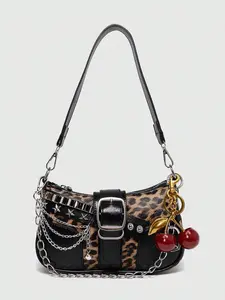 Women's PU Leather Shoulder Bag, Y2K Style Retro Leopard/Colorblock Bag, Embellished Shoulder Bag, Fashionable Patterned Bag