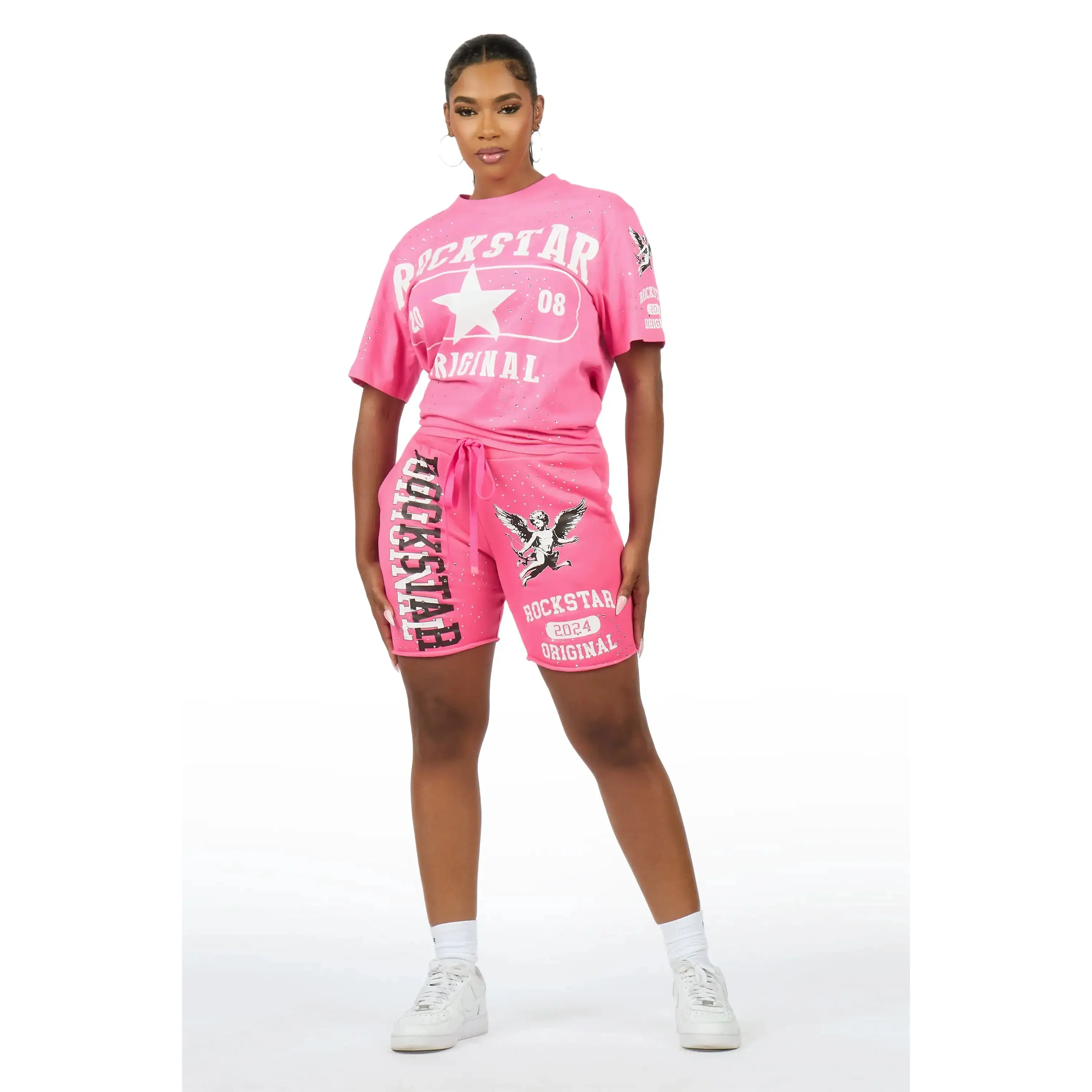 Kyesha Hot Pink Rhinestone T-Shirt Short Set Kyesha Hot Pink Rhinestone T-Shirt Short Set