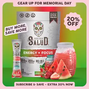 Salud 2-in-1 [Energy + Focus – Fresandía | Strawberry Watermelon] Clean Energy Drink Mix, Agua Fresca, Organic Caffeine, B6 & B12, L-Theanine, Drink Packets, Non-GMO, Gluten Free, Vegan, Low Calorie, 1g Sugar (15 Servings)