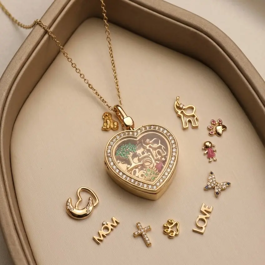 GIVE Whimsical Accessories 14K Nugget Necklace, Custom DIY Glass Locket Pendant with Personalized Charms, Romantic Soulmate Jewelry Anniversary Gift for Her