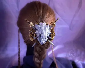 Dire Wolf Mystic Heraldry Crest Hair Bun Holder and Sword Pins - Handpainted Resin, Unique Handmade Wearable Art Accessory, Perfect for Costumes