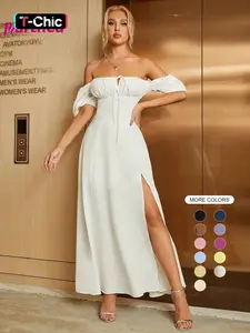 Women's Off The Shoulder Ruched Tie Front Split Thigh Slit Dress, Elegant Puff Sleeve A Line Long Dress for Formal Party Holiday Dating Wear, Chic Milkmaid Dress, Ladies Summer Clothes Garment Fit Womenswear