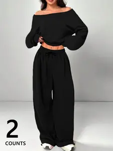 Women's Casual Chic Loose Fit One Shoulder Long Sleeve Top, Comfortable Sleepwear Set, Perfect for Daily Wear and Shopping, Womenswear