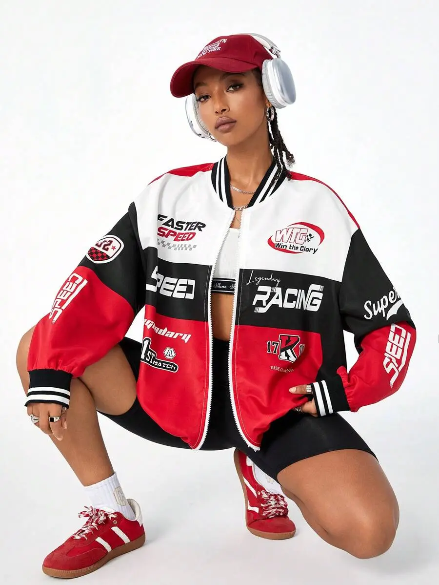Women's Vintage Polyester Long-Sleeve Blokecore Baseball Bomber Coat - LUNA LAYER, Color-Block Letter Print, Athletic Streetwear, Comfortable Polyester Fabric Women's Top