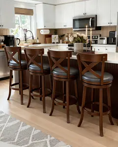 PHI VILLA 30 inch Bar Height Stools Set of 2/3/4,Swivel Wooden Barstools Tall Upholstered Faux Leather Barstool with Back,Vintage Bar Height Chairs,Dark Brown Kitchen Stools