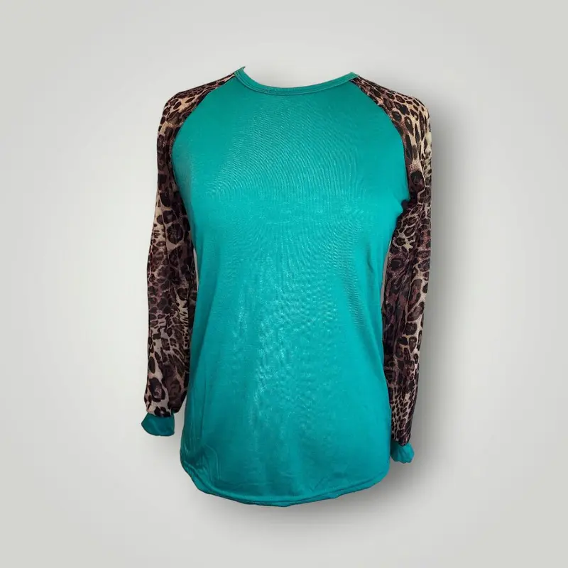 Sammie Jo Green Leopard Chiffon Shirt Long Sleeve Top Womenswear Blouse Lady Sleeve Shirt Fashion Round Neck Longsleeves Summer Comfort Casual long  sleeve  shirt  women