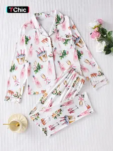 Women's Bowknot Bottle & Cup Printed Pajama Set, Lightweight Button-Up Long Sleeve Top & Pants, Elegant Sleepwear & Loungewear for Spring & Fall