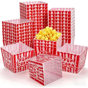 30 Pack  Movie Night Popcorn Boxes for Party, Plastic Open-Top Popcorn Containers Bucket, Carnival Circus Party Popcorn Bowl - 3.75" Tall x 3.75" Square