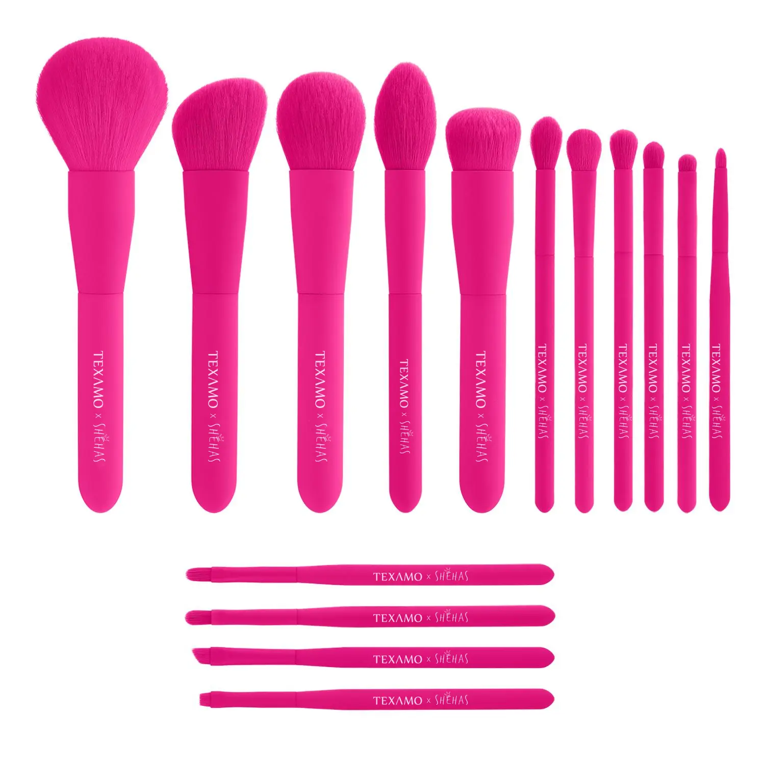 TEXAMO x SheHas Makeup Brush Set 15 Piece Quality Makeup Brushes Premium Synthetic Make Up Brushes for lip Eye shadow Foundation Powder Blush Highlighter Concealer Makeup Brush Kit for Travel Hot Pink with Two-piece foundation shovel set