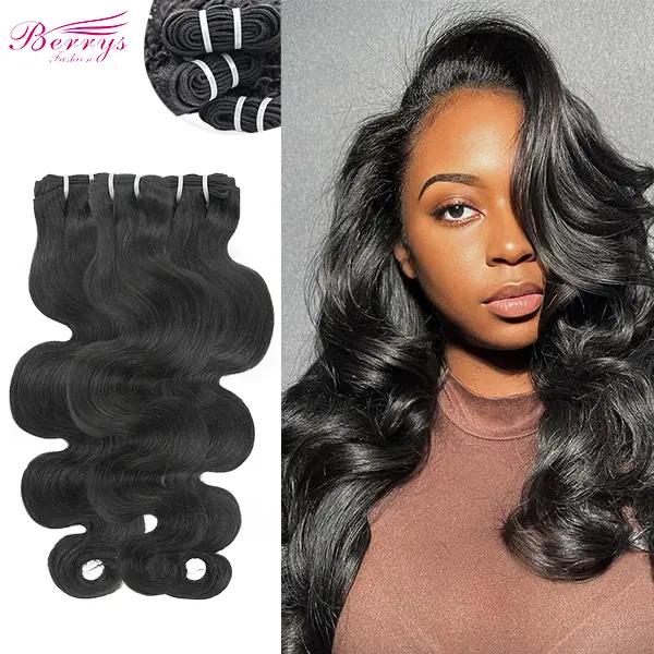 Berryshair Hair Bundles, Body Wave Textured Virgin Human Hair, Glueless Pre Style Wavy Hairpieces for Women, 100g Natural Black, Human Hair Textured
