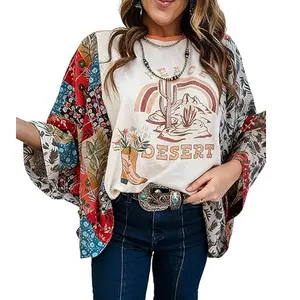 Chvity Women's Casual Oversize Boho Dolman Tops, 3/4 Batwing Sleeve Round Neck Floral Print Loose Western Shirts, Boho Clothes for Women