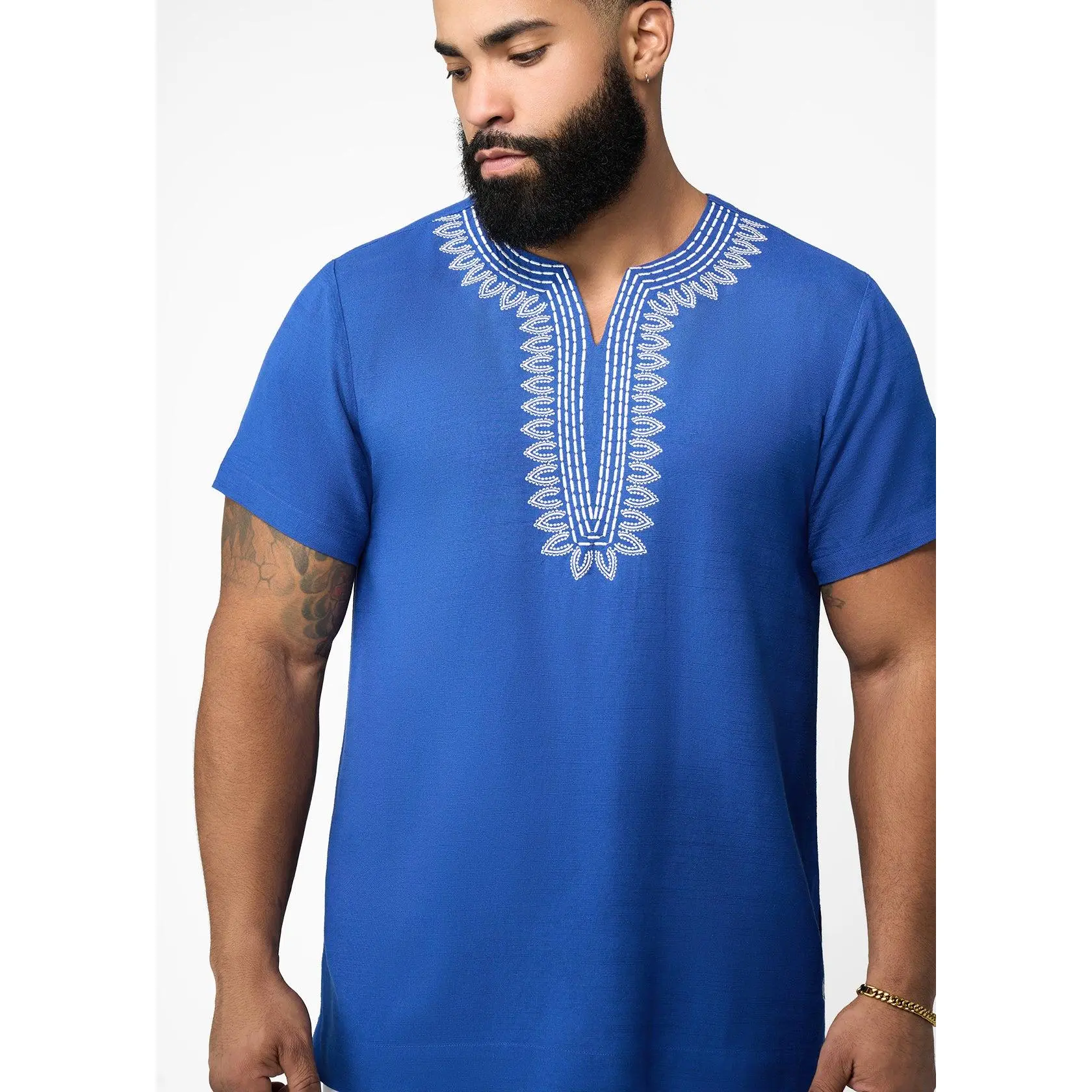 Izibili Men's Embroidered African Linen Blend Tunic (Cobalt)