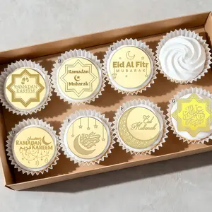 10Pcs/20Pcs Gold Acrylic Eid Mubarak Cupcake Toppers Circle Dessert Cake DIY Decorations Cake Decorating Supplies Pastry Decorative Kit Eid Celebrations for Ramadan Kareem Party Supplies