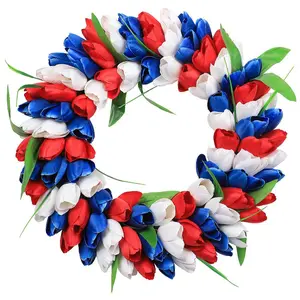 15.7-Inch Blue Artificial Flower Wreath, Independence Day Decor, Tulip Garland, Outdoor Party Door Hanging Ornament