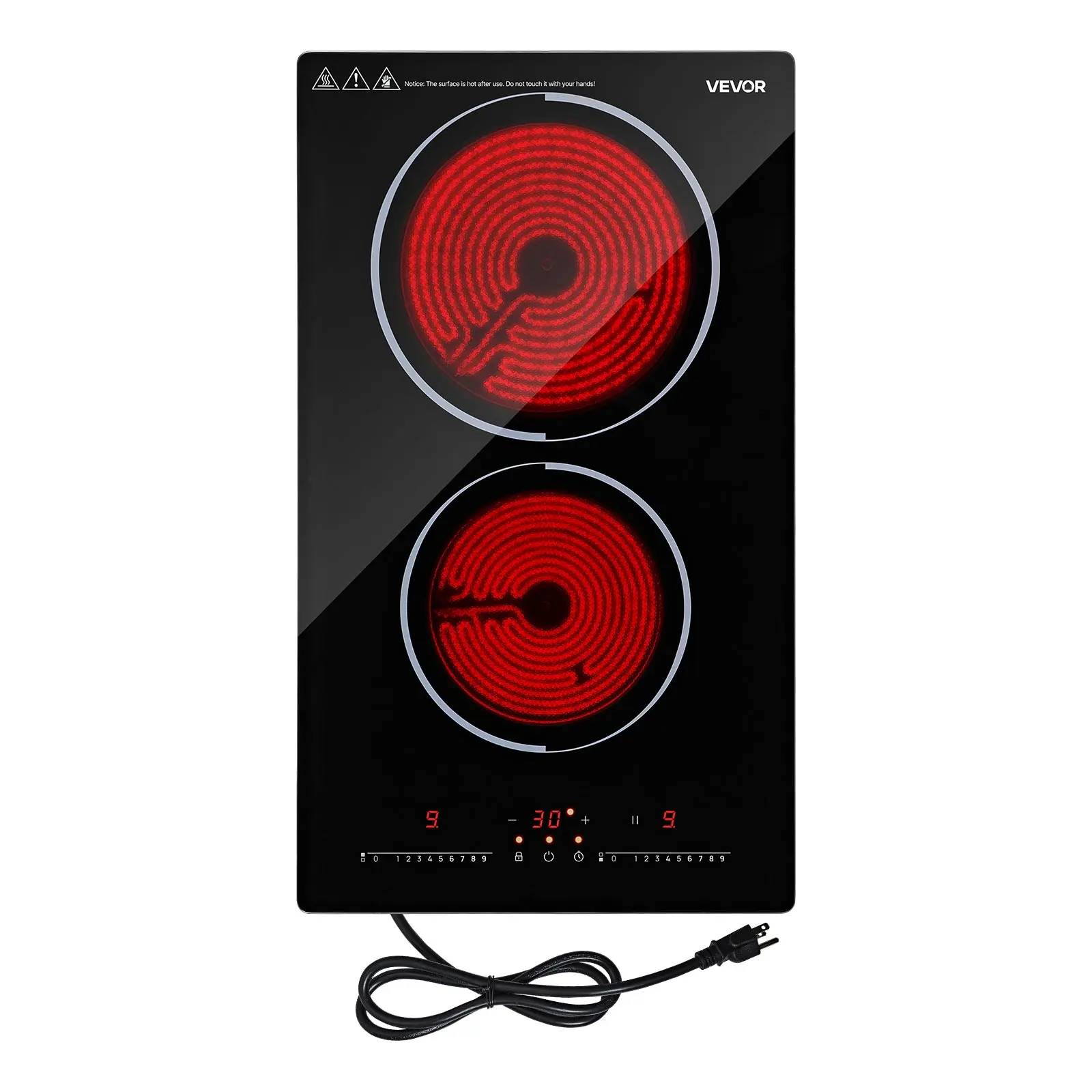 VEVOR 12in Electric Cooktop Double Burner Cooker, 1800W 120V Portable Hob Stove, Ceramic Built-in/Countertop Appliance with 9 Power Levels, Timer, Child Lock, Over-Heat Guard, Touch Control, Kitchen Supplies