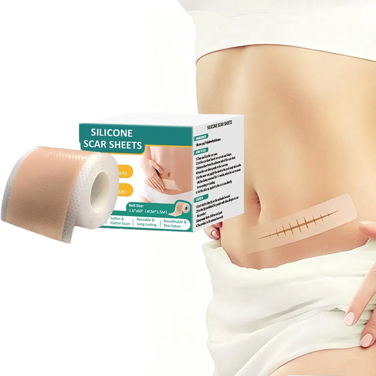 Silicone Scar Repair Tape, 1.6" x 60" Waterproof Silicone Scar Roll (1.5M), Surgical Scar, C-Section, Tummy Tuck, Keloid Scar Removal, Keloid Bump Repair, Reusable
