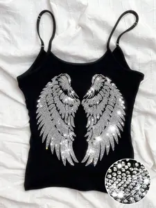 Women's Casual Sleeveless Vest, Base with Sparkling Angel Wings, Adjustable Straps, Spaghetti Strap, Slim Fit, Perfect for Nightclubs and Parties