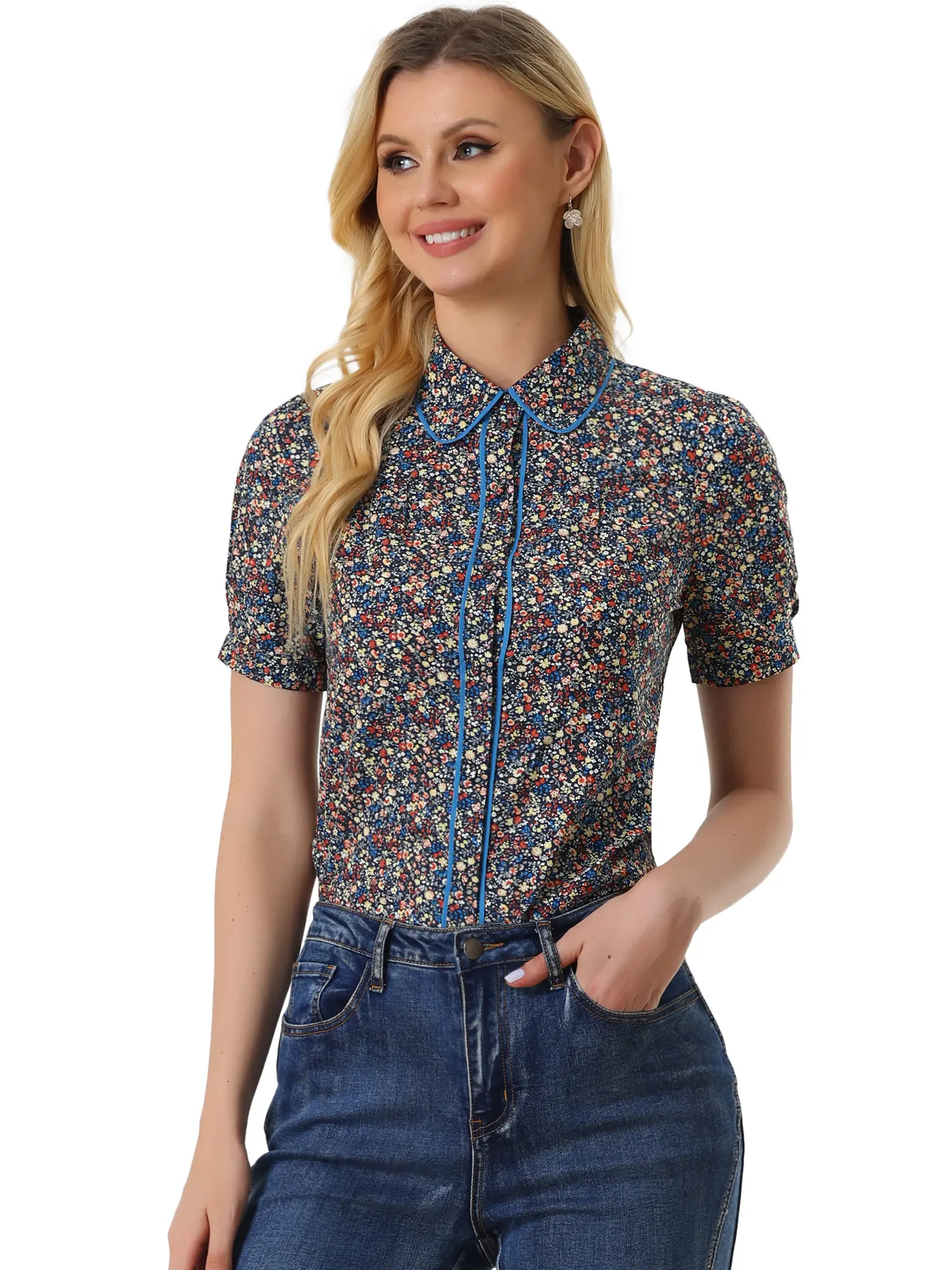INSPIRE CHIC Peter Pan Collar Contrast Trim Puff Sleeve Peasant Floral Blouse Shirt