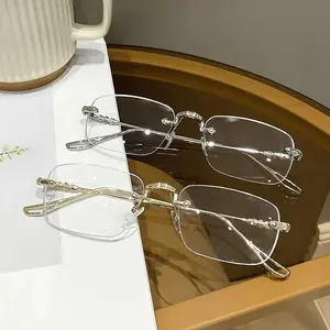 Elegant Women's Rimless Rectangle Glasses with Blue Light Blocking Metal Frame Glasses