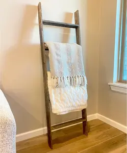 BarnwoodUSA Wooden Throw Blanket Ladder - Fully Assembled Reclaimed Wood Farmhouse Wooden Towel Stands, 5ft-18in Weathered Gray for Bathroom, Living Room Rustic Decor Quilt Holder