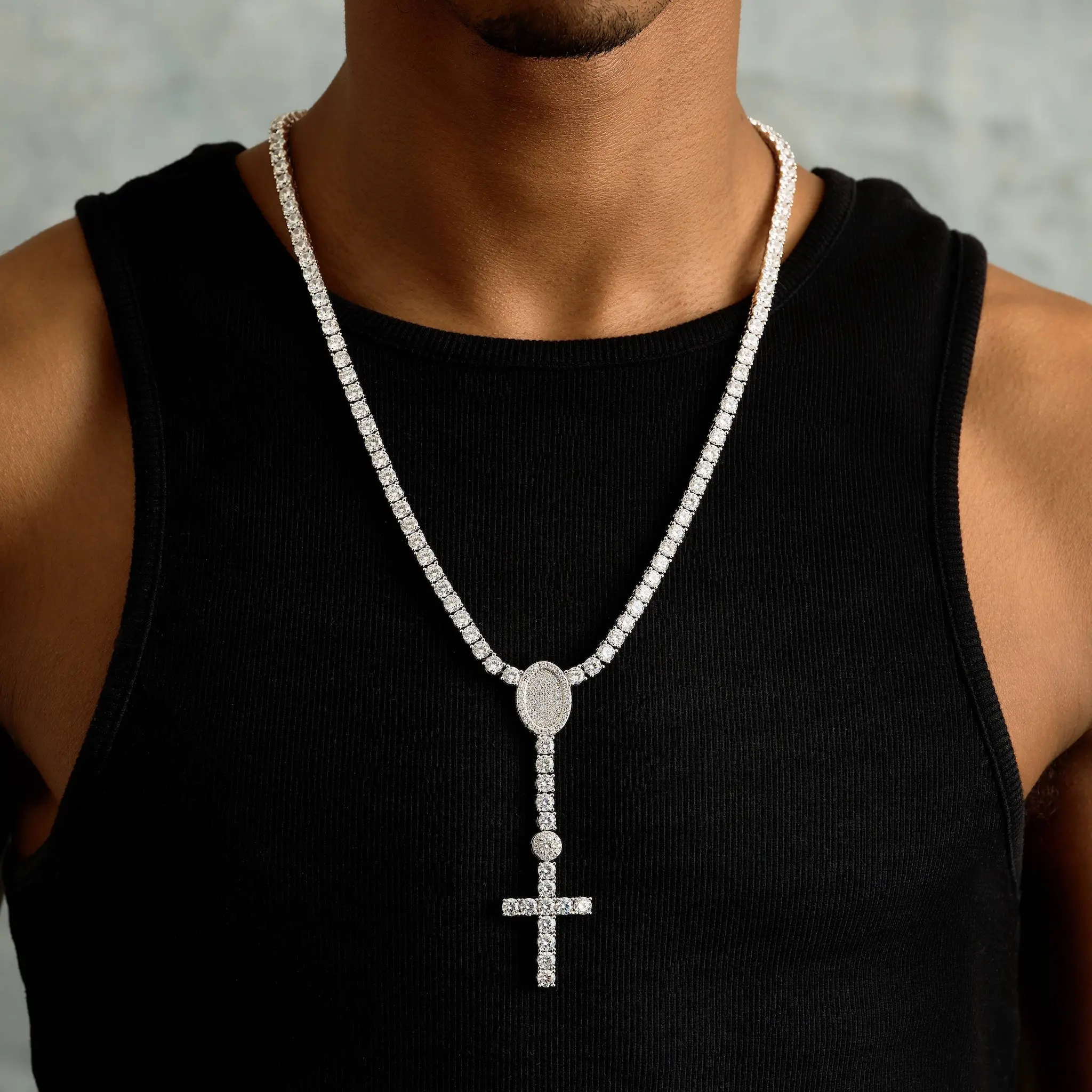 GLD 5MM Diamond Eternity Tennis Cross Rosary Lariat in White Gold - Perfect Gift #tiktokshopsummersale