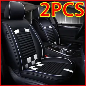 Waterproof Leather Car Seat Covers 2PCS Black with White Checkerboard Design Universal Fit Easy to Clean for Most Car Models