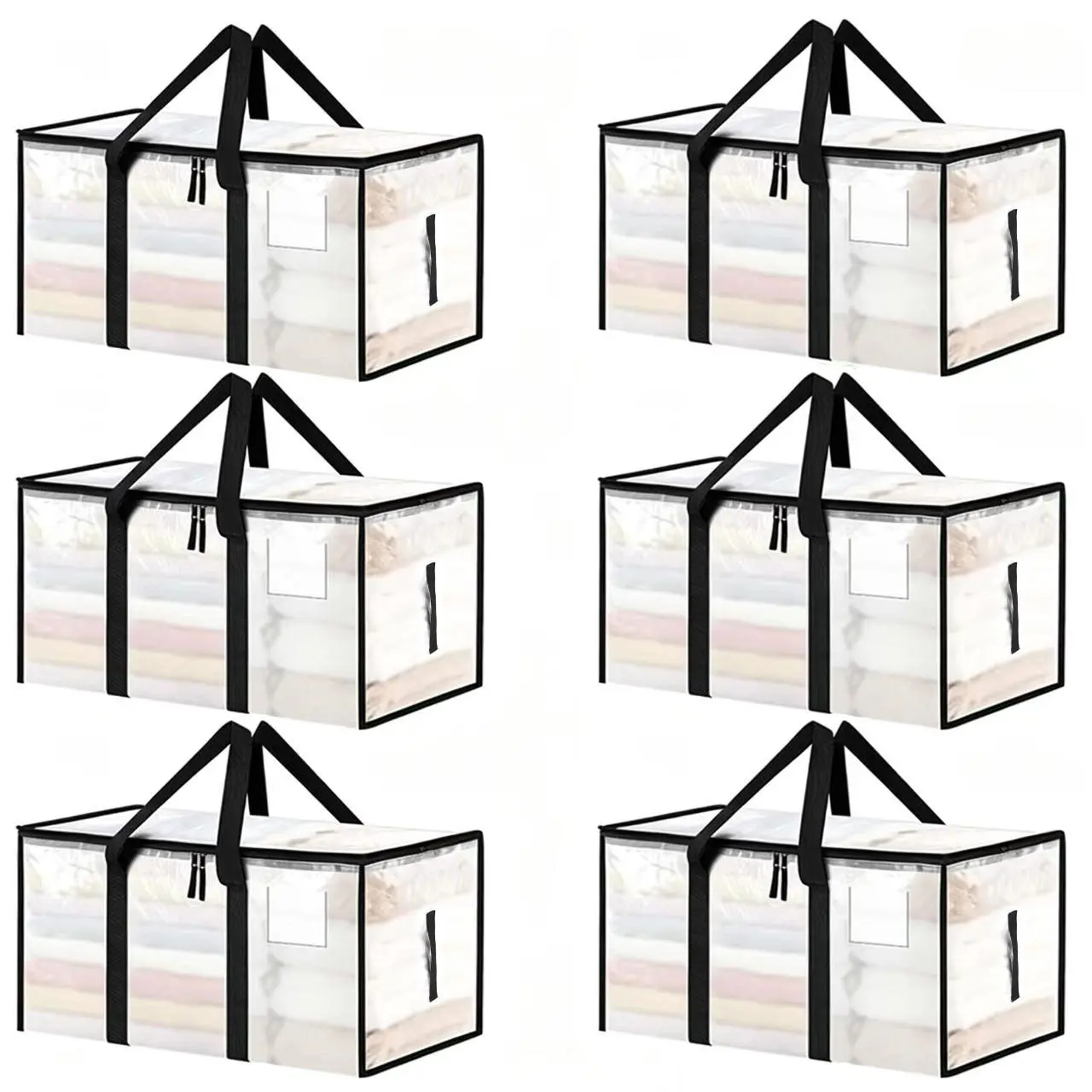 6 Pack Extra Large Clear Moving Bags with Zippers & Reinforced Handles, Foldable Reusable Storage Totes for College Dorm Move-In, Apartment Moving & Home Organization