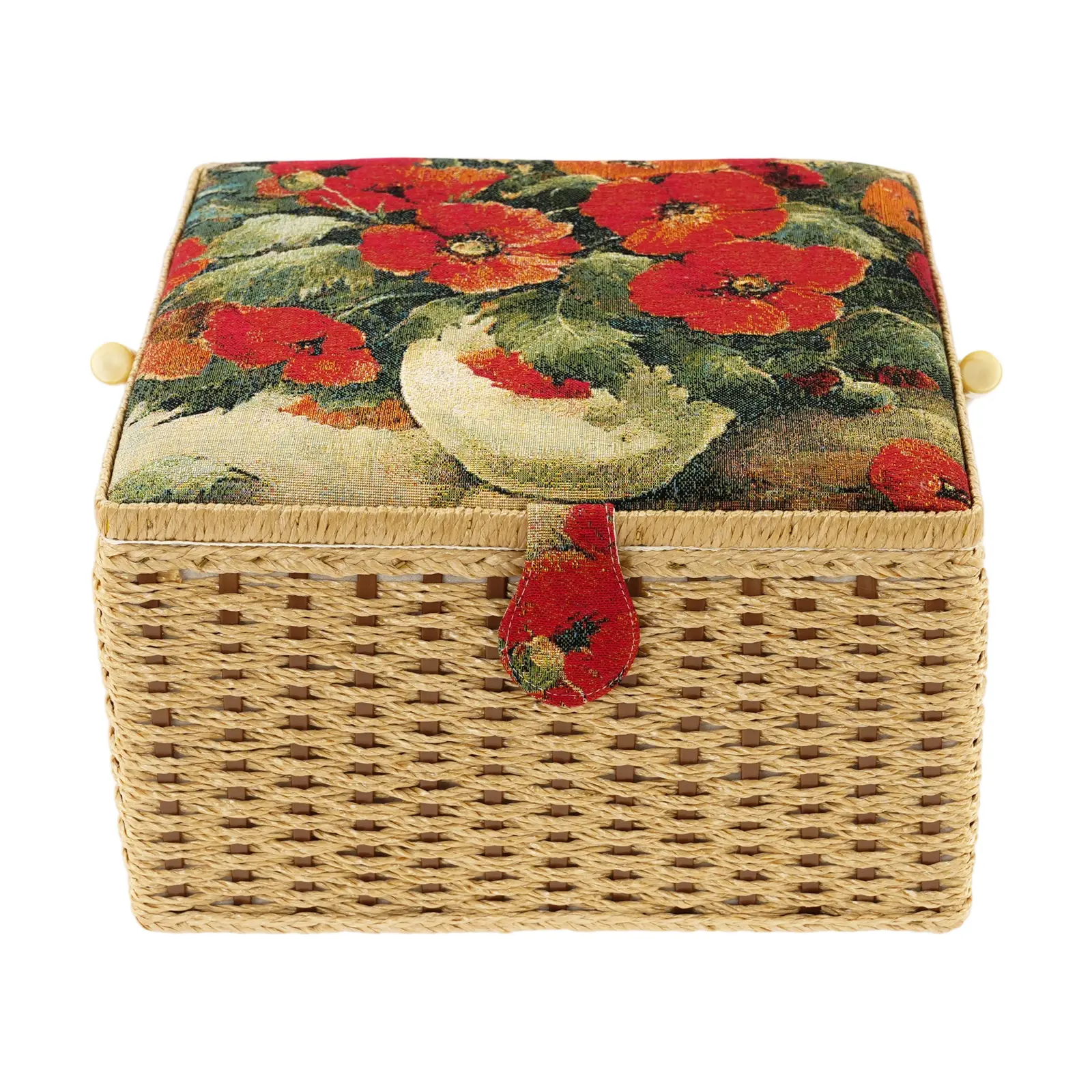 Vintage Floral Print Woven Texture Jacquard Fabric Rectangular Sewing Basket - Portable Metal Tray, Lightweight Craft Organizer for Craft Rooms & Home Workshops, Ideal Gift (As Shown)