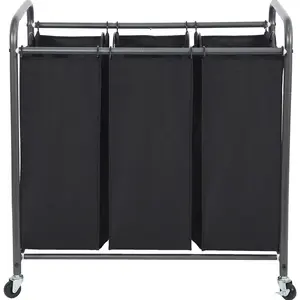 Laundry Sorter 3 Section, 3 Bag Laundry Hamper, Rolling Laundry Cart, Laundry Basket with Heavy Duty Lockable Wheels and Removable Bag for Clothes rage, Black