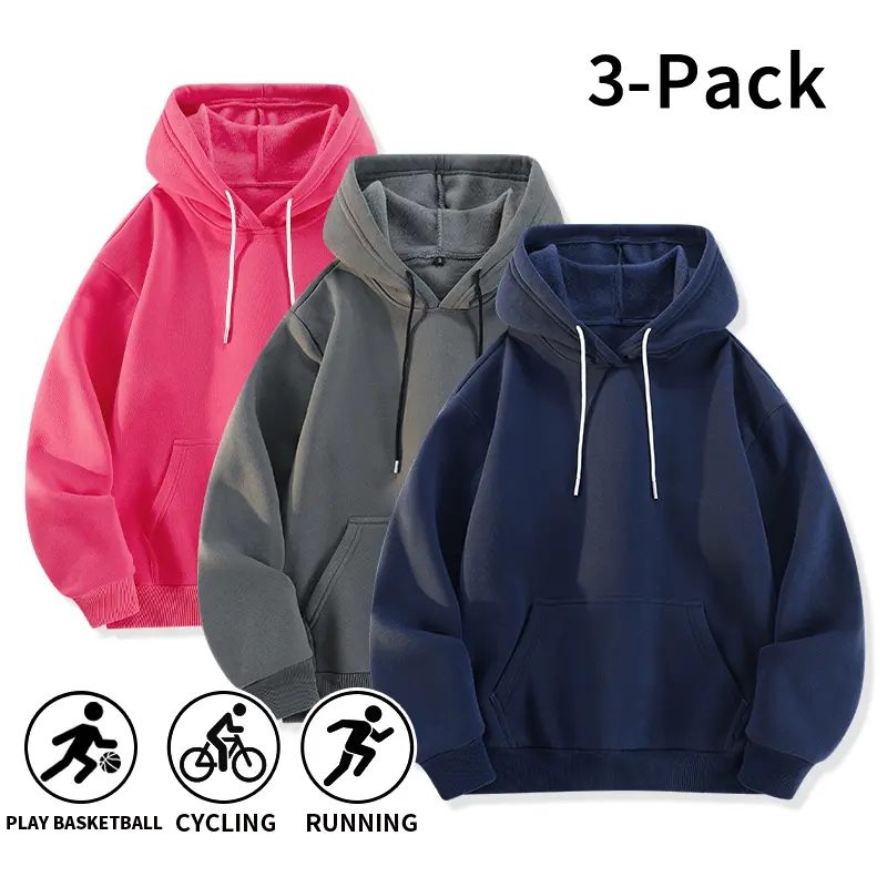 3-Pack American solid color minimalist basic oversized hoodies, heavyweight fleece-lined sports hoodies, plain blank hoodies with solid all-over color and no prints, support custom DIY heat transfer and printing modifications, available for single purchas