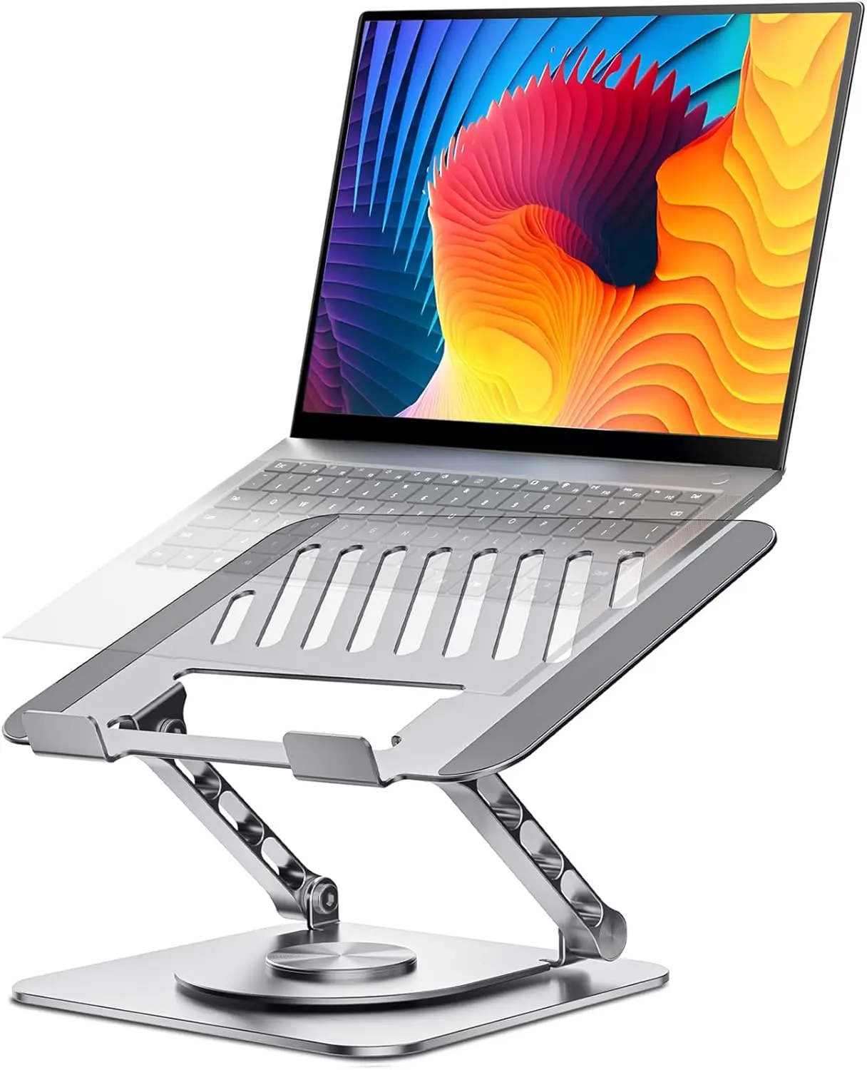 Adjustable Laptop Stand with 360° Rotating Base, Ergonomic Foldable Laptop Riser for Desk, Compatible with MacBook Pro/Air, Fits Laptops up to 16 Inches (Approx. 40.6 cm), Silver