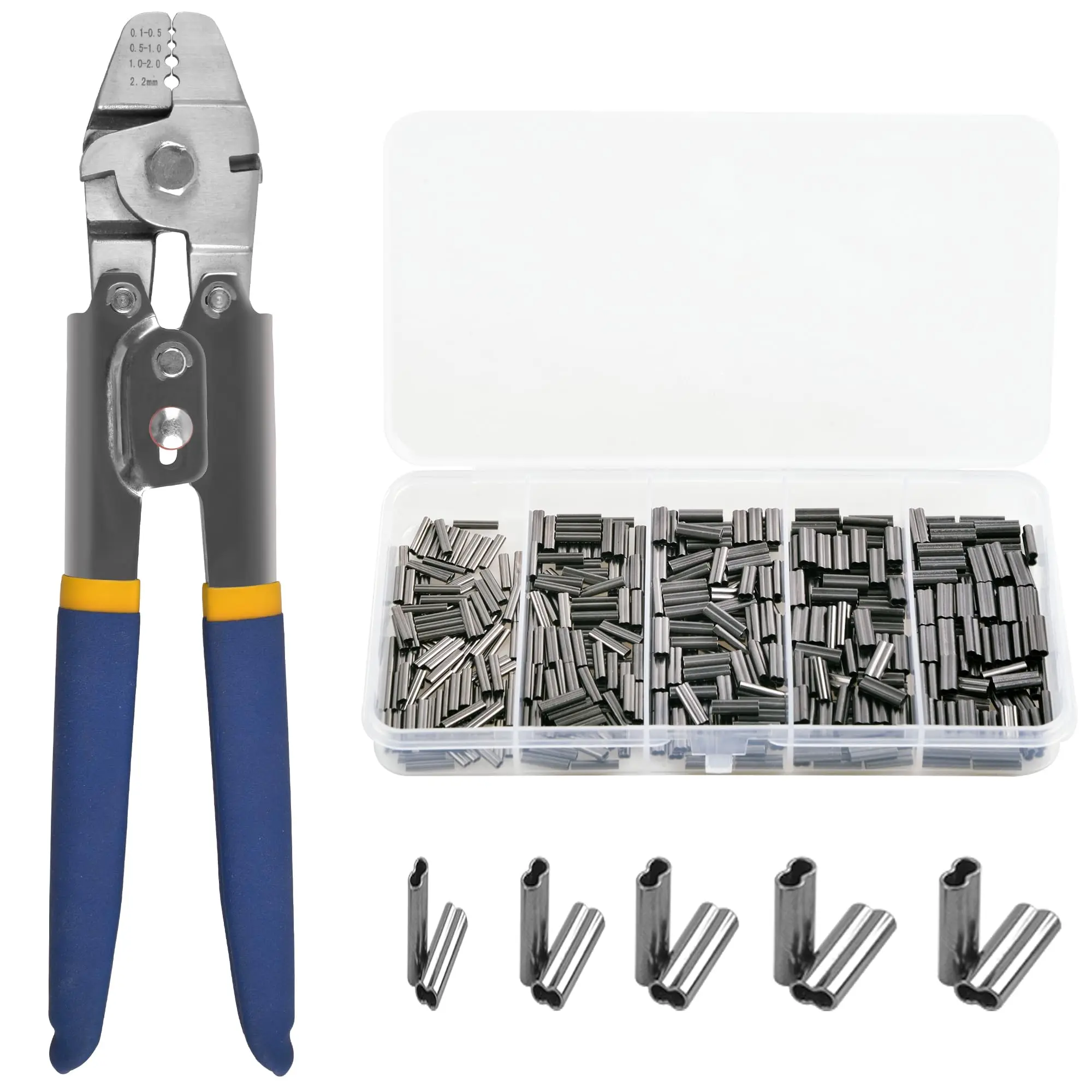 Carbon Steel Wire Leader Rope Hand Crimping Pliers Tools Set - Wire Crimper Cutter for 0.1mm-2.2mm, 0.1-0.5mm Copper & Aluminum Oval Sleeves, Stop Sleeves, 200lb Capacity, 600 Pieces, Dad's Gift