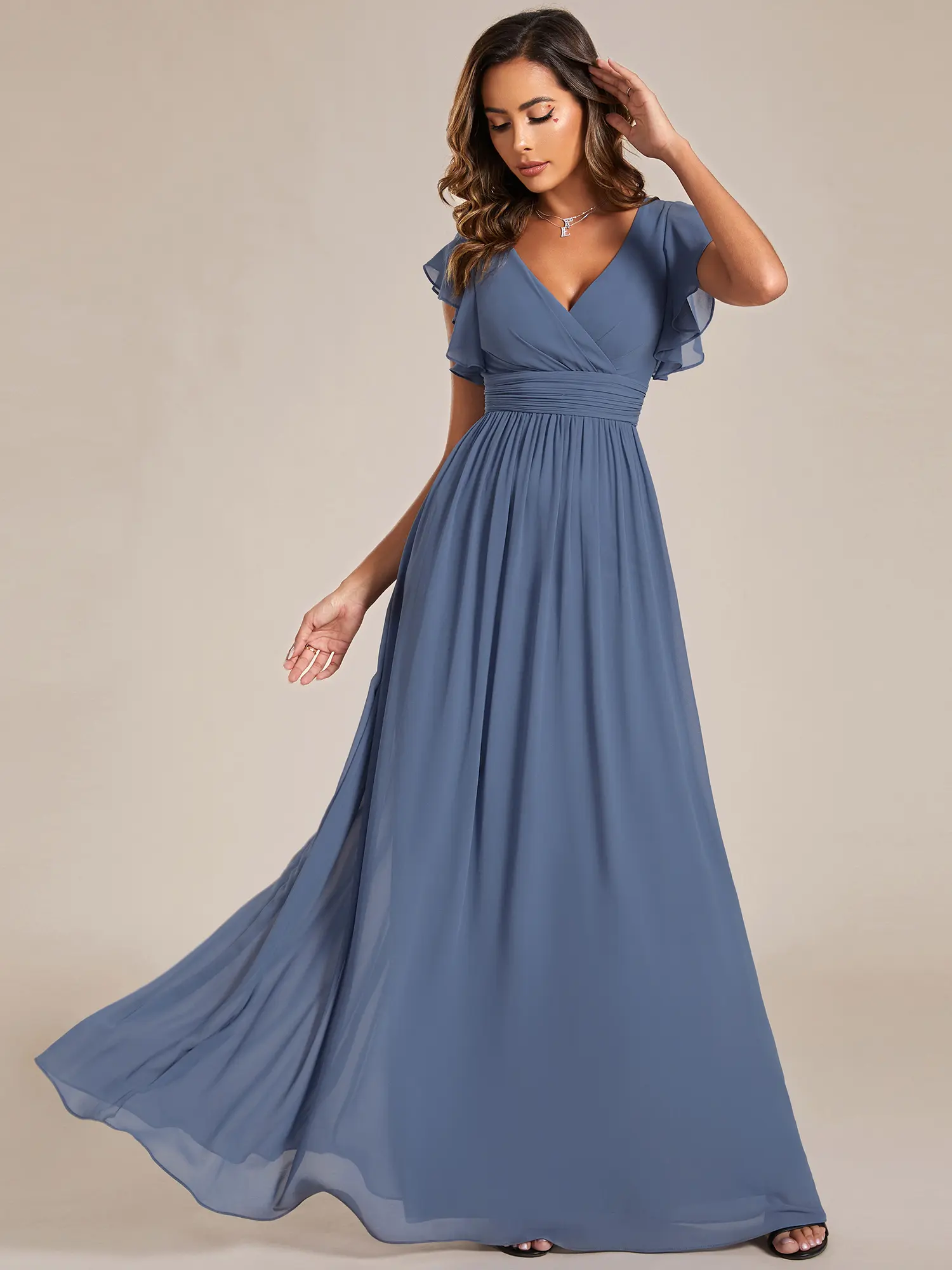 EVER PRETTY Women's A-Line Chiffon Maxi Bridesmaid Dress - Formal Lady's Women's Clothes with Pleated Ruffle Sleeves, V-Neck Back Cutout, Chic Zipper, Minimalist Design