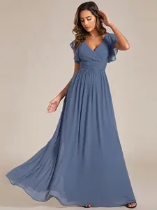 Ever-Pretty 2026 Back Cutout A-Line Pleated Ruffles Sleeve Chiffon Bridesmaid Dress 01819 - Maxi Length, V Neck, Short Sleeves, Fitted Style, Comfortable Wear, Elegant Chiffon Fabric