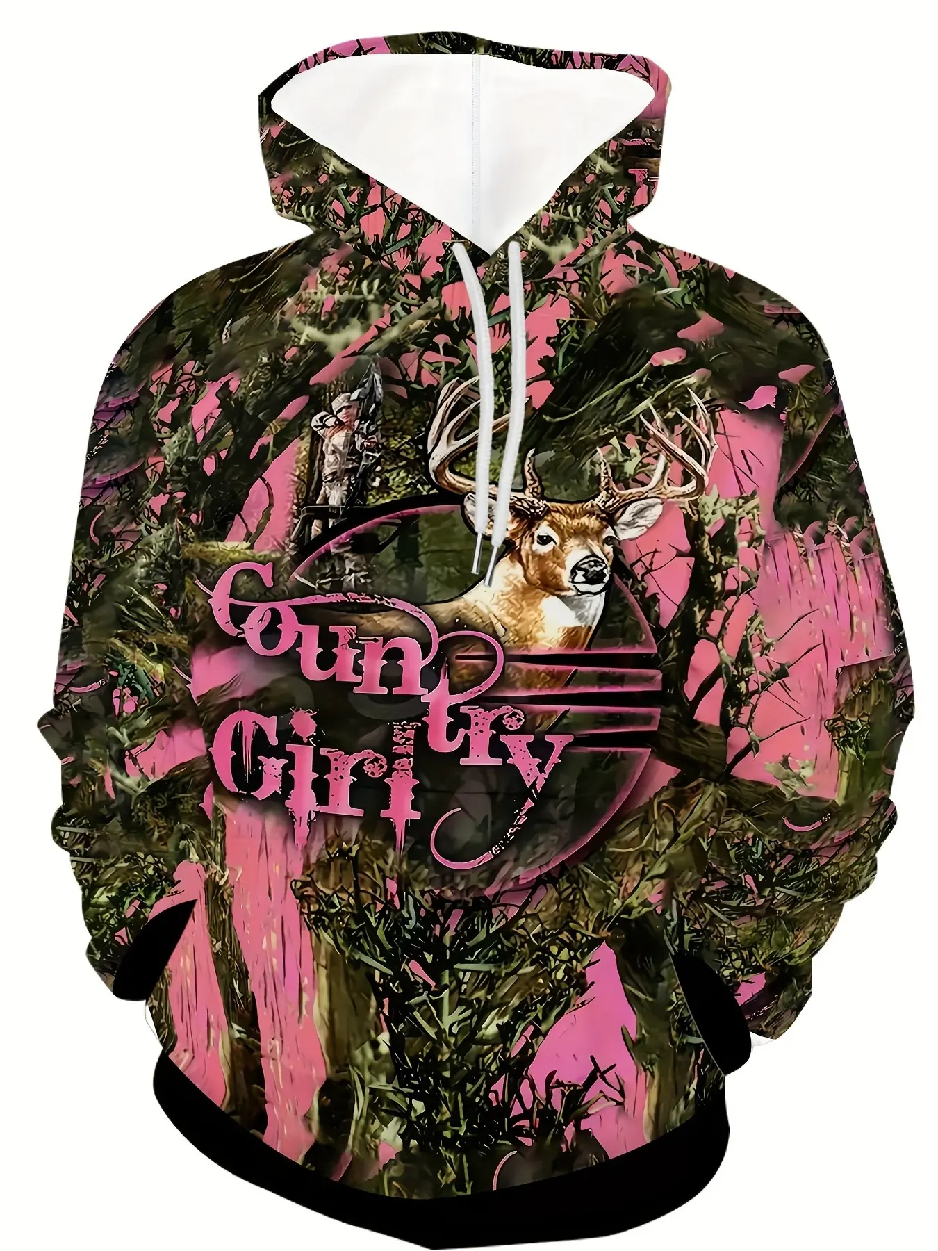 Powder green camouflage elk print hoodie, American country style casual wear
