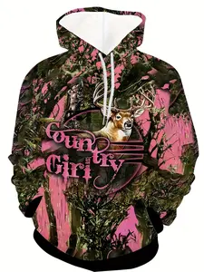 Powder green camouflage elk print hoodie, American country style casual wear
