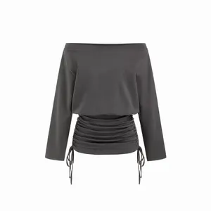 Cider Cotton-blend Off-shoulder Drawstring Ruched Mini Dress