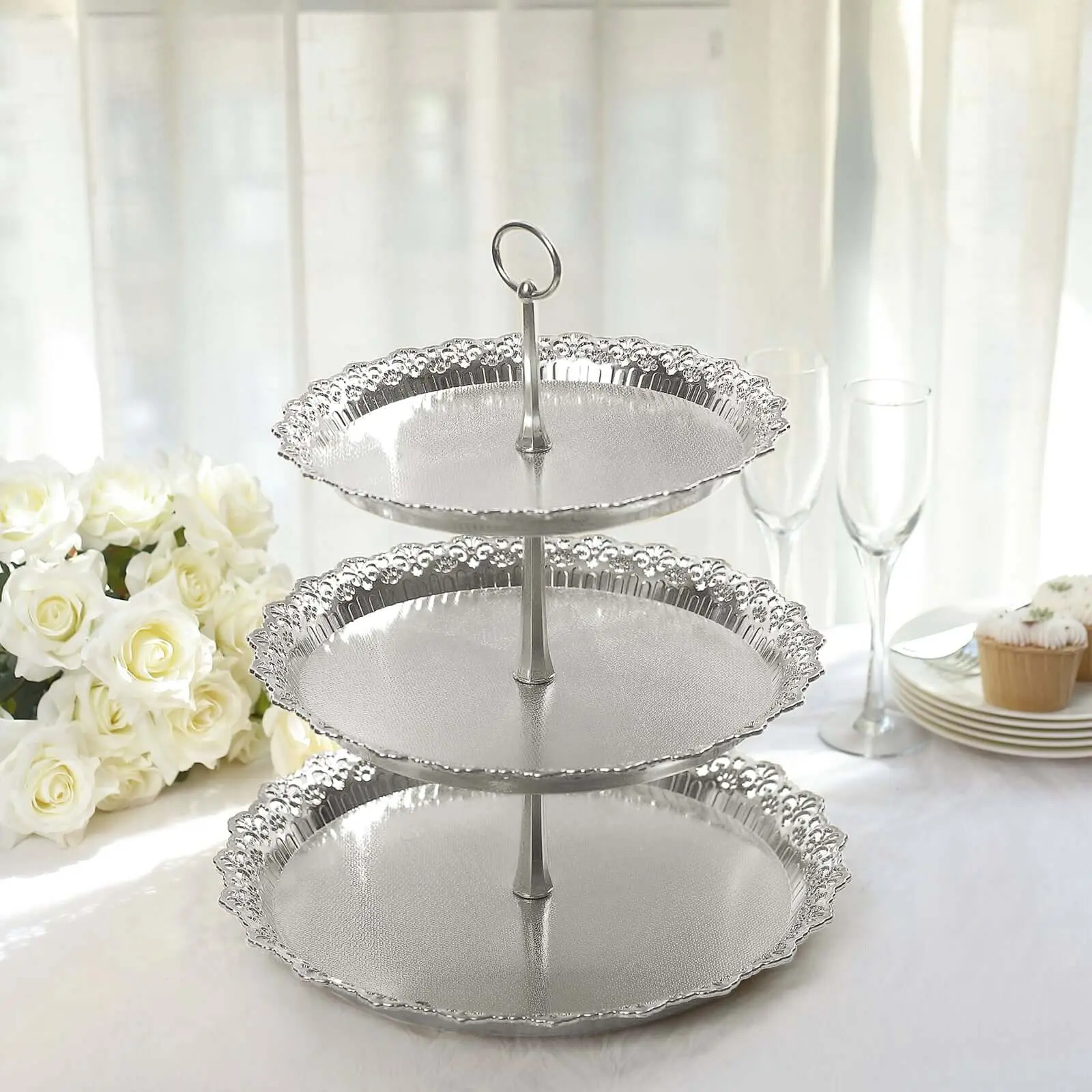 15" Metallic Silver Sturdy 3-Tier Plastic Round Cupcake Holder - Lace Scalloped Edge Party Dessert Stand, Stable Firm Dessert Serve Space-Saving Pastry Tray for Weddings, Birthday Parties