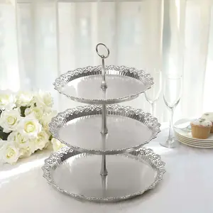 3-Tier Plastic Round Cupcake Stand 15" Metallic Silver with Lace Scalloped Edges - Decorative Space Saving Dessert Display Tower Pastry Serving Tray for Weddings & Cocktail Parties