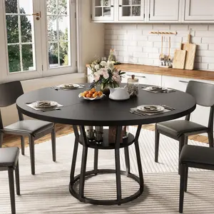 Black Round Dining Table for 4-6, 47.2 in Farmhouse Kitchen Table with Storage, Circle Dinner Tables for Kitchen, Dining Room, Living Room, Meeting Room, Apartment