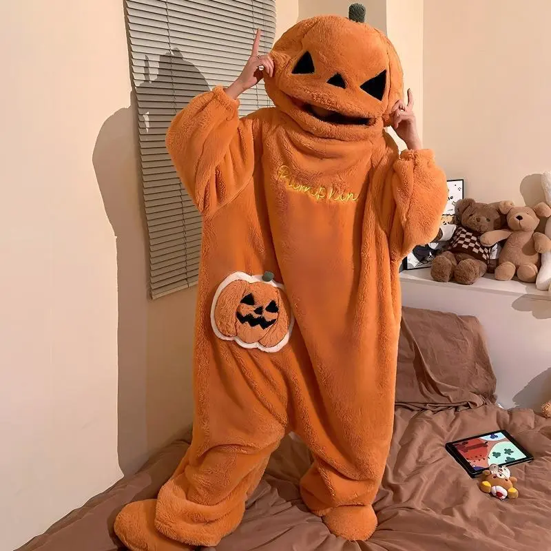 Women's Halloween Pumpkin Coral Fleece Onesie Pajamas, Cute Cartoon 1-Piece Loungewear for Fall, Winter Home Costume