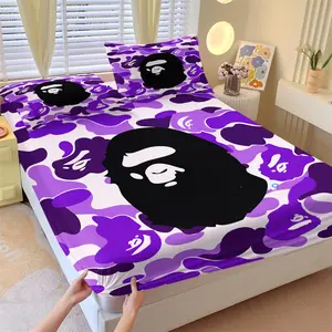 Purple Camo & Gorilla Head Design Fitted Sheet Set, 1 Bed Sheet and 2 Coreless Pillowcases, Street Elements, Trendy Street Vibe and Cool Cartoon, Soft Anti-Slip Wrinkle-Resistant Bedding, Dreamy Trendy Bedroom Decor, Youth Gift