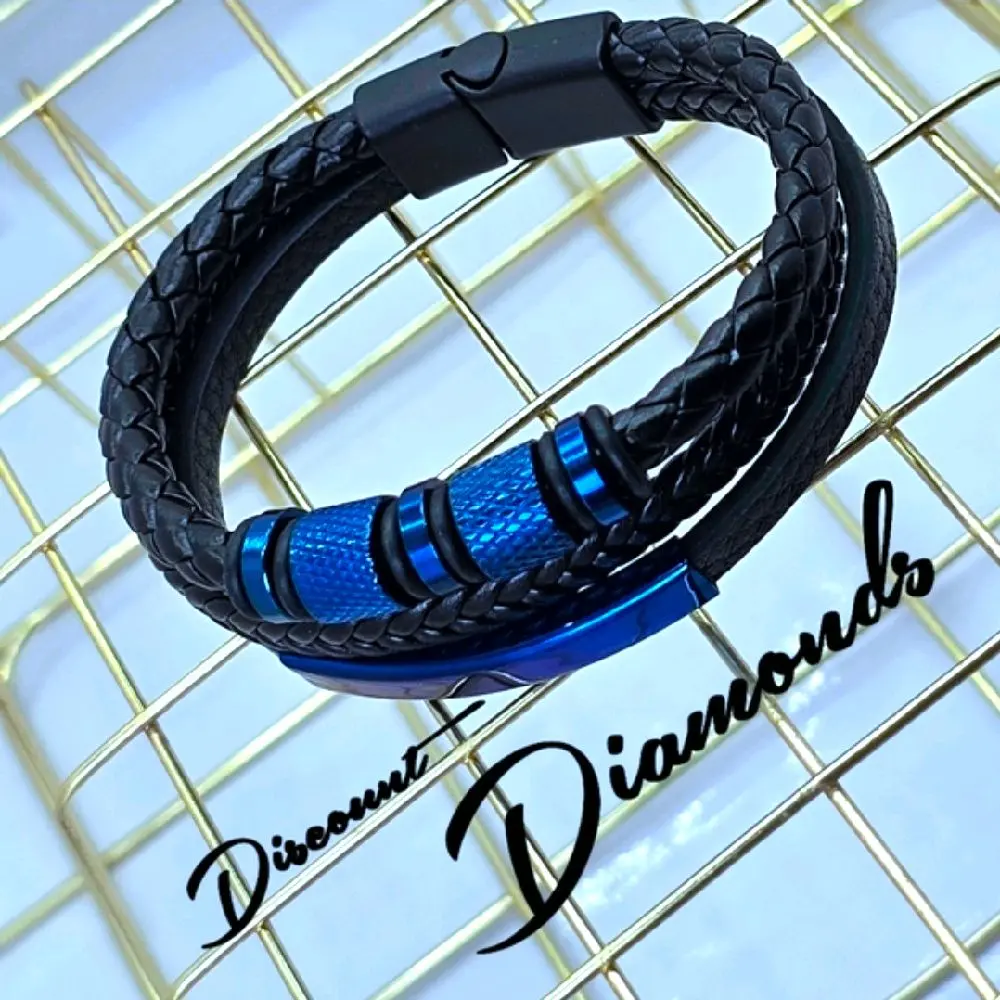 Blue Titanium Black Leather Trinity Bracelet