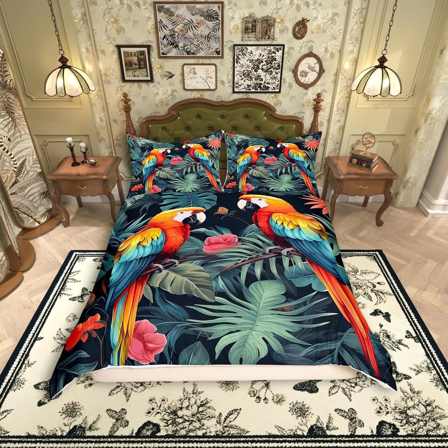 Tropical Birds Bedding Set,Jungle Parrot Bird Wild Animal Duvet Cover Bed Comforter Cover(No Filler),Green Palm Leaves Nature Botanical Bedding Set