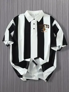 Summer New and Striped Polo Shirt with Tokyo Letter Print, American Retro Classic Fitted Short Sleeve Top for Trendy Casual Wear