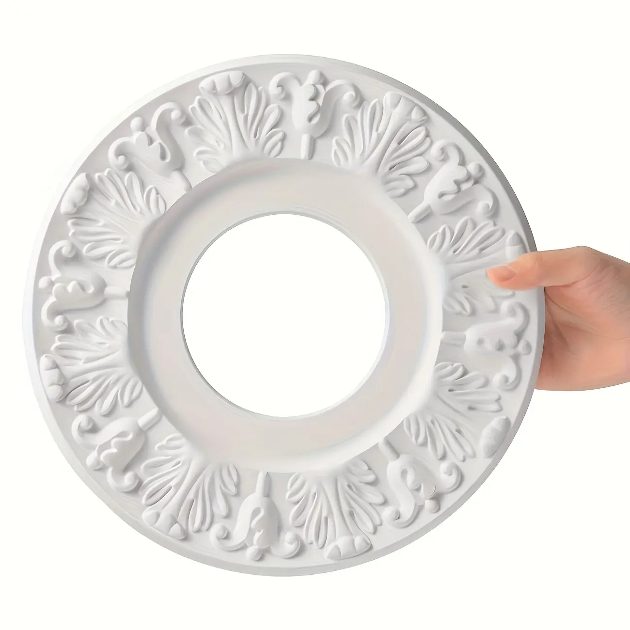 1pc Vintage Carved Flower PU Ceiling Medallion for Light Fixtures and Ceiling Fans, 10. 1" OD x 4" ID x 0. 8 "P (White)